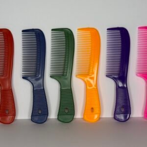 Thick, durable plastic hair comb in vibrant colors. Smooth, wide teeth glide through all hair types for easy detangling and everyday styling.