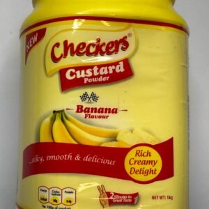 Checkers Banana Custard is a smooth and creamy custard powder made primarily from corn (maize) starch, blended with a sweet banana flavor to create a rich, fruity taste.